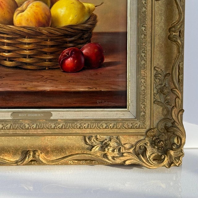 Still Life with Fruit in Basket - Vintage Oil in Ornate Frame by British Artist 1987 For Sale - Image 11 of 12