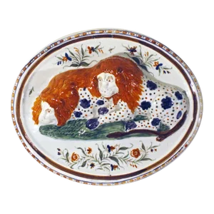Antique English Pearlware Pottery Relief-Moulded Prattware Plaque of Lions