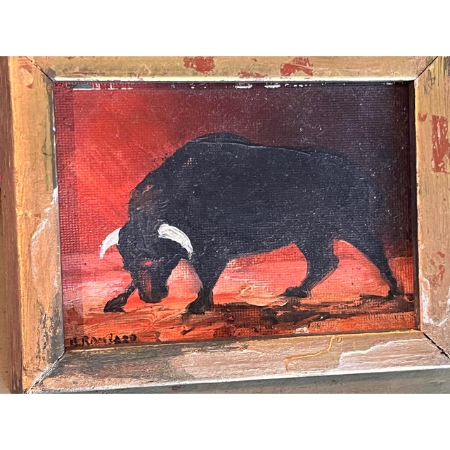 Traditional 1980s Henry D. Ramirez Jr. Miniature Bull Oil Painting on Board, Framed For Sale - Image 3 of 7