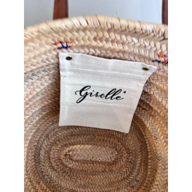 A Giselle Handwoven Straw Basket / Tote Featuring a Large Bow Made From Colorful Print and Brown Leather Shoulder Straps. For Sale - Image 11 of 12