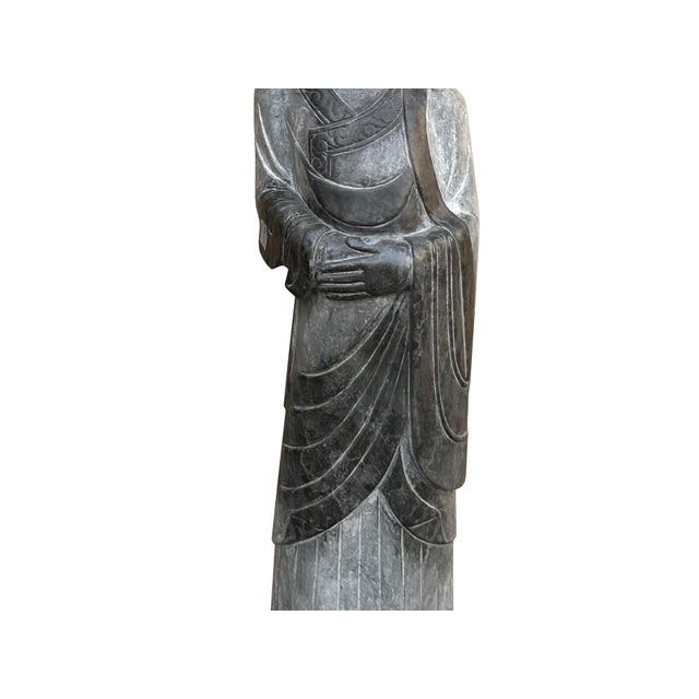 Dark Gray Chinese Weathered Black Gray Patina Stone Standing Monk Luohan Arhat Statue For Sale - Image 8 of 13