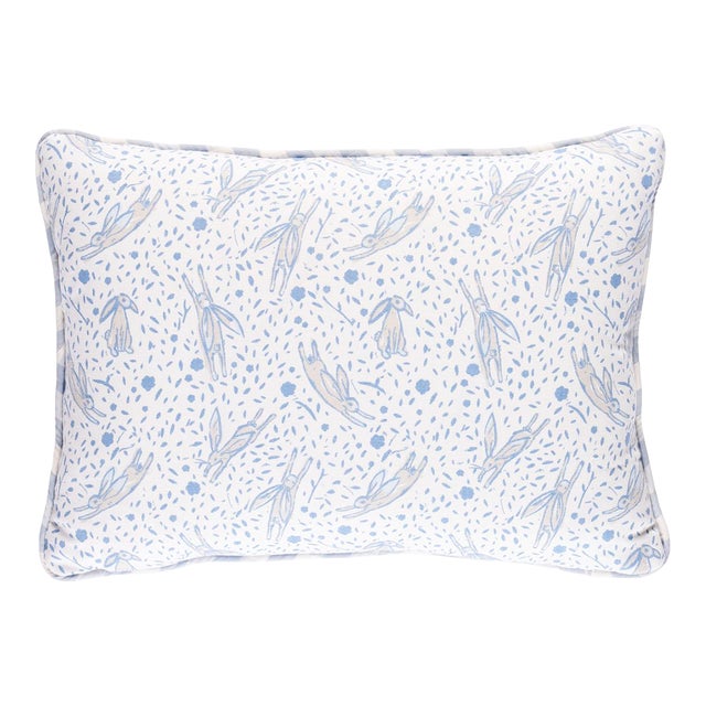 Schumacher x Marie-Chantal Rabbit Print 16" Lumbar Pillow in Blue For Sale