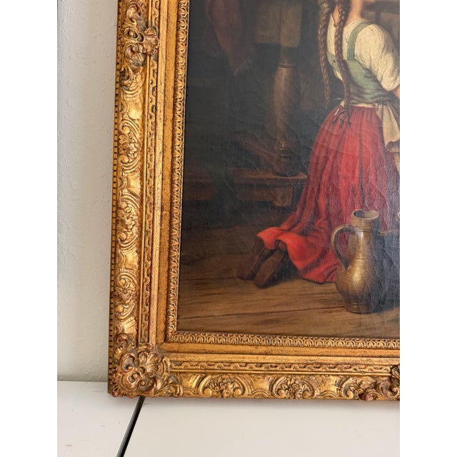 Paint Large Antique European Oil Painting 19th Century Interior Genre Scene Children For Sale - Image 7 of 18