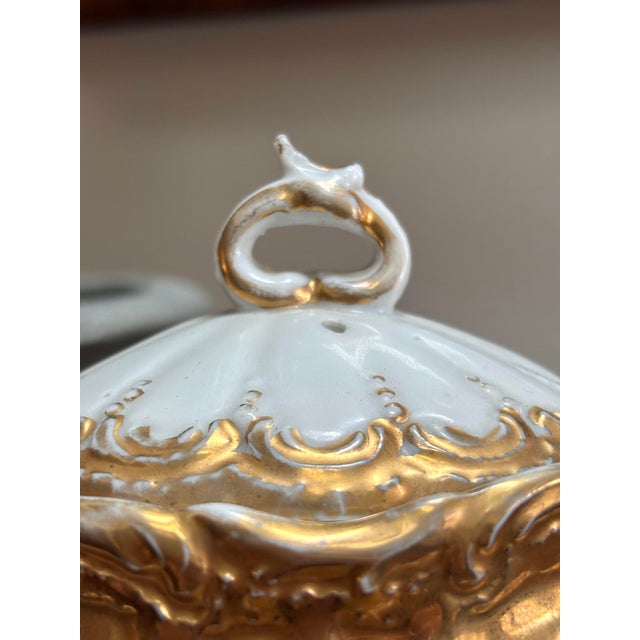 Rare Antique Ornate French Porcelain Nautical 5” Mellon Shaped Teapot With Heavy Gold Gilt For Sale - Image 10 of 12