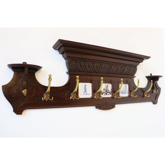 Antique Dutch Renaissance Revival Delft Blue Tiles Brass Coat Rack, 1890 For Sale - Image 10 of 10
