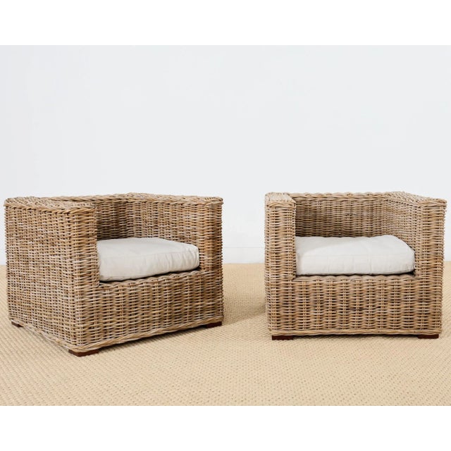 Contemporary Pair of Michael Taylor Style Organic Modern Rattan Cube Chairs For Sale - Image 3 of 12