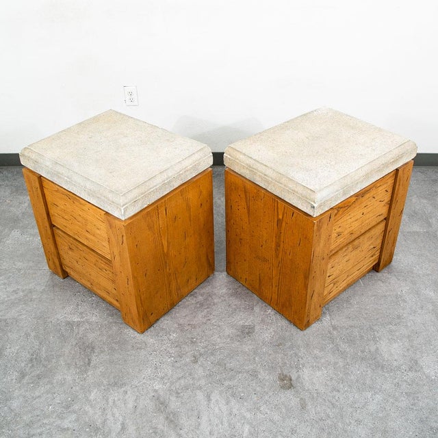 Mid-Century Modern Mid Century Modern Nightstand End Side Table Custom Stone Grey Top 1980 Drawers, 2 Pieces For Sale - Image 3 of 12