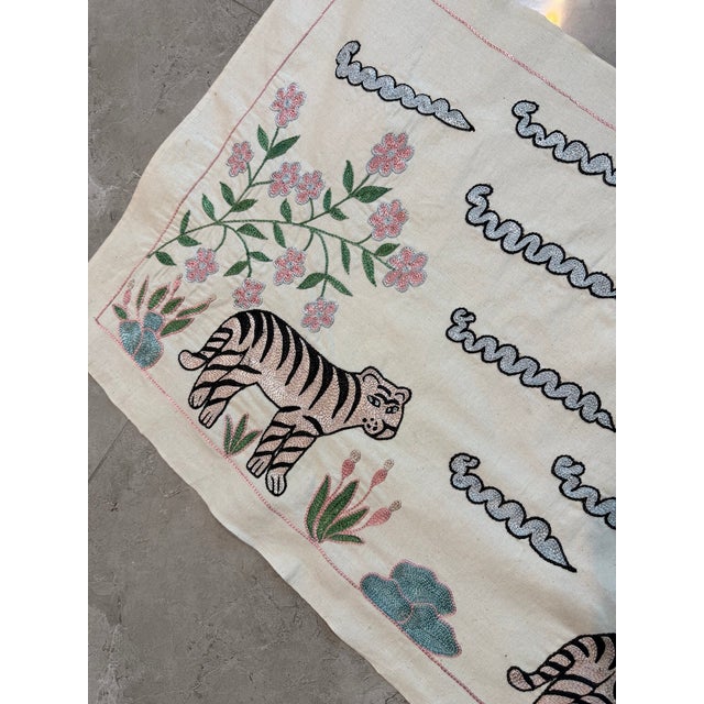 Silk Suzani Table Runner With Three Tigers and Clouds For Sale - Image 4 of 5