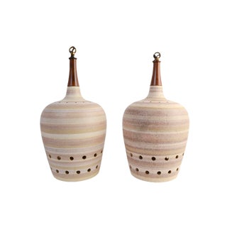 Ceramic & Teak Pendant Lamps - A Pair For Sale