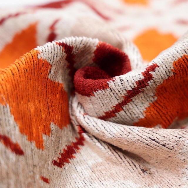 Ivory Handwoven Ikat Silk Velvet Throw Pillow 20x20 – Terracotta Rust & Ivory For Sale - Image 8 of 8