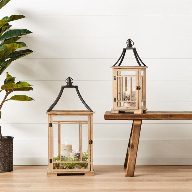Kenneth Ludwig Chicago Natural Wood Lantern with Open Metal Lid (Set of 2) For Sale - Image 4 of 4