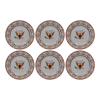 Antique Chinese Export Porcelain Dinner Plates, American Eagle Great Seal, Set of 6, Circa 1900 For Sale