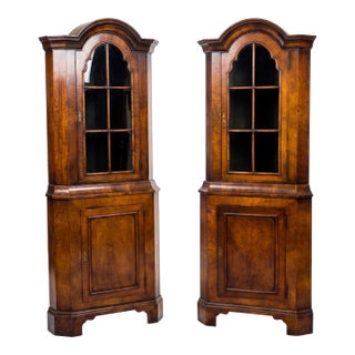 Antique English Burl Walnut / Pine Dutch Colonial Revival Corner Cabinets - Pair For Sale