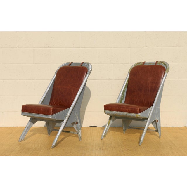 Mid-Century Modern Vintage Leather Airplane Chairs With Riveted Aluminum & Leather Cushions For Sale - Image 3 of 12