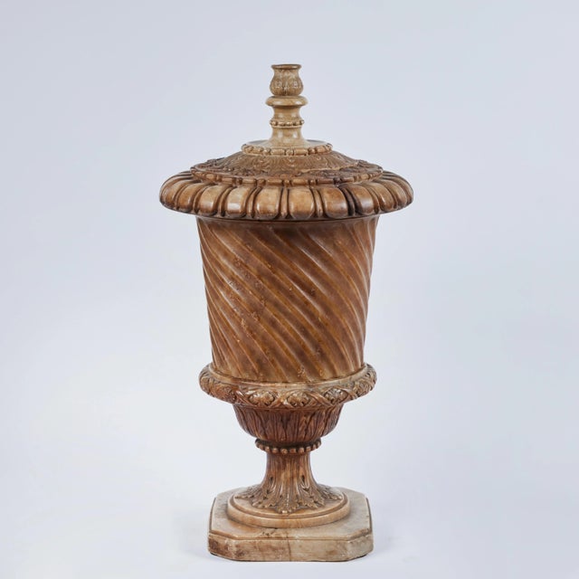 Italian Alabaster Lidded Urns - A Pair For Sale - Image 3 of 10
