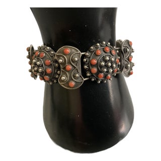 Vintage European Etruscan Revival 800 Silver & Red Coral Bracelet – Apf – 50.52g For Sale