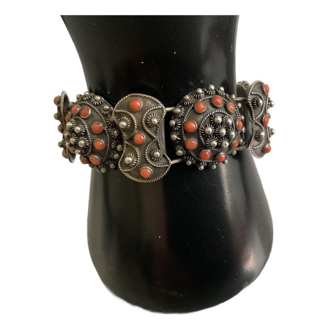 Vintage European Etruscan Revival 800 Silver & Red Coral Bracelet – Apf – 50.52g For Sale