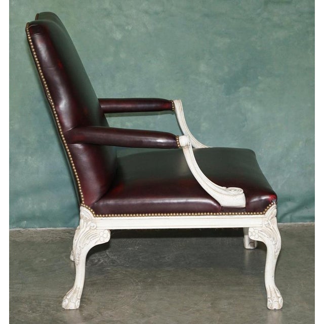 Vintage French Louis XV Style Oxblood Leather Armchair with Painted Frame For Sale - Image 16 of 18