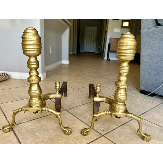 Metal Pair Large Federal Beehive Ball Claw Brass Andirons For Sale - Image 7 of 18