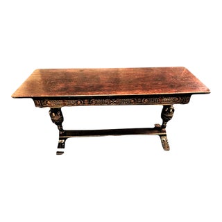 19th Century Antique Spanish Revival Trestle Library Table in Solid Oak With Polychrome Highlights For Sale