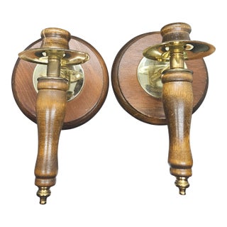 Pair of Vintage Home Interiors (Homco) Wood and Brass Wall Sconce Candle Holders For Sale