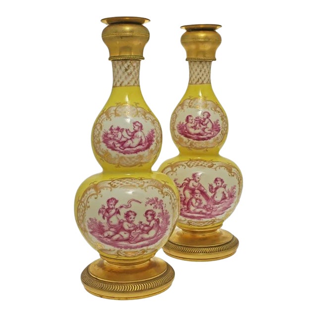 Yellow Double Gourd Candlestick Vases Dresden Helena Wolfsohn Bronze Mounted Porcelain Rococo Style - A Pair For Sale