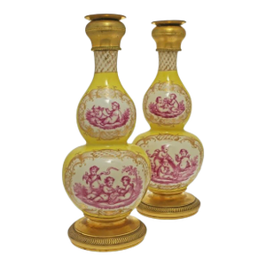 Yellow Double Gourd Candlestick Vases Dresden Helena Wolfsohn Bronze Mounted Porcelain Rococo Style - A Pair