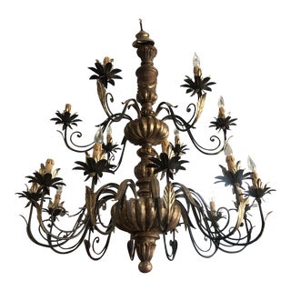 Vintage Italian Hand Carved Wood and Hand Wrought Iron 18-Light Candelabra Chandelier For Sale