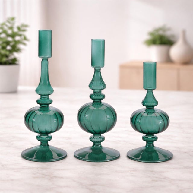 Contemporary Ribbed Glass Taper Candle Holder (Set of 3) For Sale - Image 3 of 6