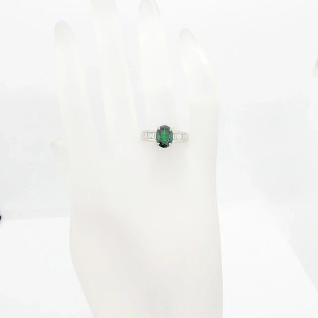Green Tsavorite Garnet Oval and White Diamond Ring in Platinum, size 7.5 For Sale - Image 4 of 10
