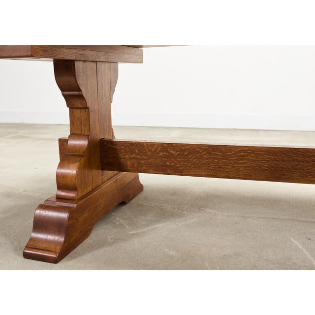 French Provincial Country Oak Trestle Farmhouse Dining Table 7Ft For Sale - Image 13 of 18