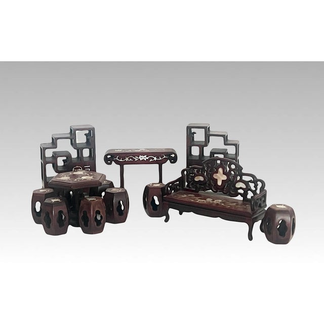 Chinoiserie Collection of Miniature Chinese Hand Carved Rosewood Dolls House Furniture Inlaid With Mother of Pearl, 13 Pieces (Seating, Dining & Display) For Sale - Image 3 of 11