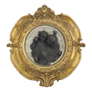 After Ew Wyon Marble & Wood Cherub Plaque Calmady Children in Gilt Frame For Sale