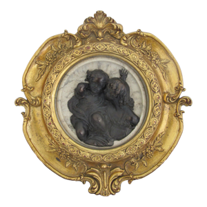 After Ew Wyon Marble & Wood Cherub Plaque Calmady Children in Gilt Frame