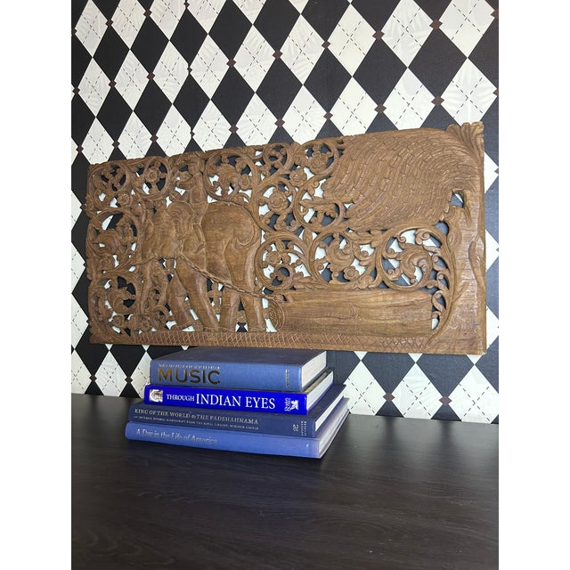 Mid-Century Modern Hand-Carved Thai Teak Elephant & Rider Wall Panel With Floral Openwork, Large 36" For Sale - Image 3 of 13