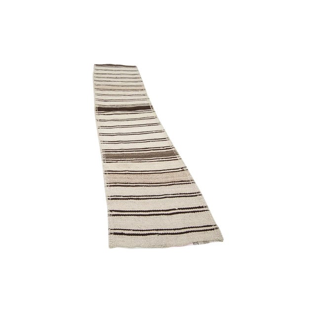 Traditional Cream & Brown Striped Kilim Runner For Sale - Image 3 of 7