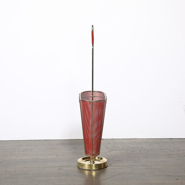 Mid-Century Modernist Sculptural Brass & Carnelian Red Enamel Umbrella Stand For Sale - Image 17 of 18
