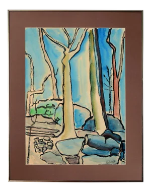 1960s Modernist Abstract Landscape Watercolor Painting, Framed
