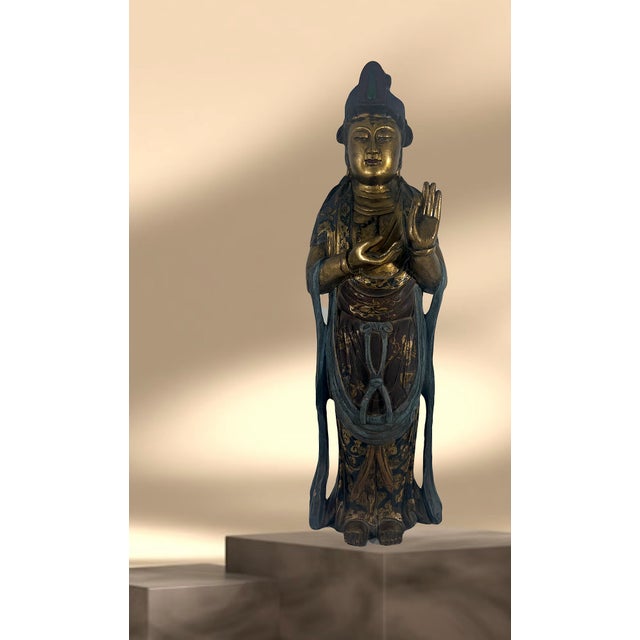 Late 19th Century Late Qing Dynasty Lacquer & Polychrome Carved Wood Figure of Guan Yin, Chinese Goddess of Compassion & Mercy Circa 1890 For Sale - Image 5 of 10