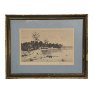 Antique John Hill Millspaugh Signed Country Lake House Landscape Etching 17", Framed