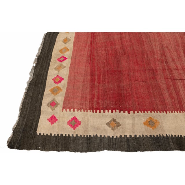 Vintage Kilim Handmade Flatweave Red Geometric Wool Runner 6' 3'' X 12' 10'' For Sale - Image 4 of 11