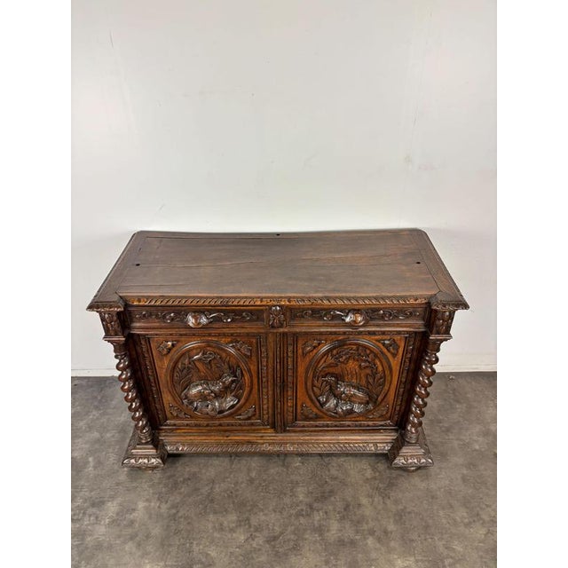 Henri II Style Hunting Buffet in Carved Oak with Twisted Columns For Sale - Image 4 of 9