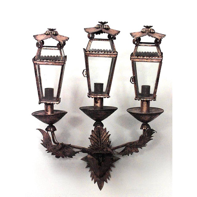 French Victorian Style Gilt Metal Triple Lantern Wall Sconces A