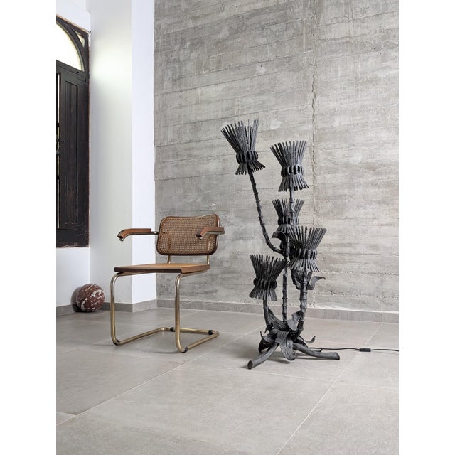 Brutalist Thistle-Shaped 5-Light Floor Lamp in Black Wrought Iron, 1970s For Sale - Image 4 of 16