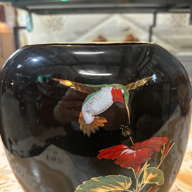 Up for consideration is a beautiful vintage Asian style ceramic black thin vase with hummingbird accents. This piece would...