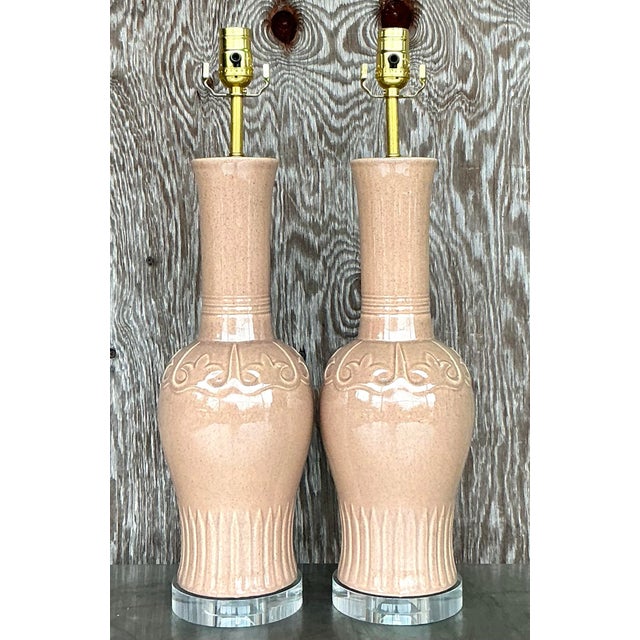 Vintage Mid-Century Modern Glazed Ceramic Lamps - a Pair For Sale In West Palm - Image 6 of 9