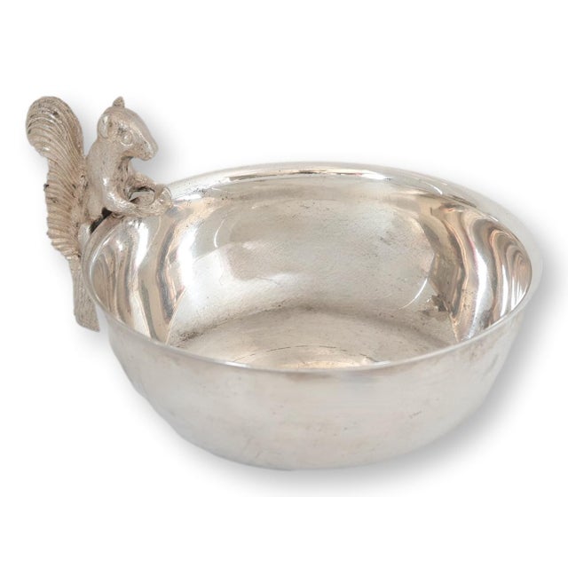 Mid 20th century English silverplate trinket dish featuring a finely detailed squirrel figure mounted at the rim. The...