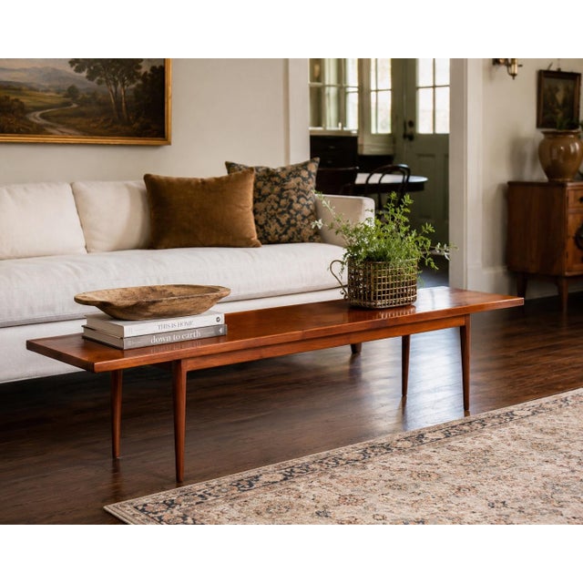 Long Drexel Mid-Century Modern Walnut Bench Coffee Table | Danish Modern Entry Bench For Sale - Image 12 of 12