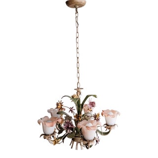 Vintage 70s Italian Tole Flower Chandelier For Sale