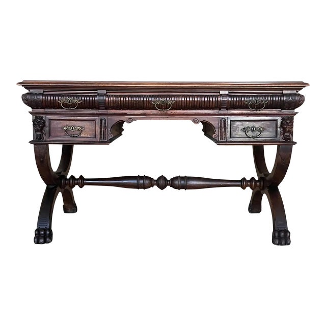 19th Century Spanish Walnut Desk With Two Drawers & Strong Legs, 1890s For Sale